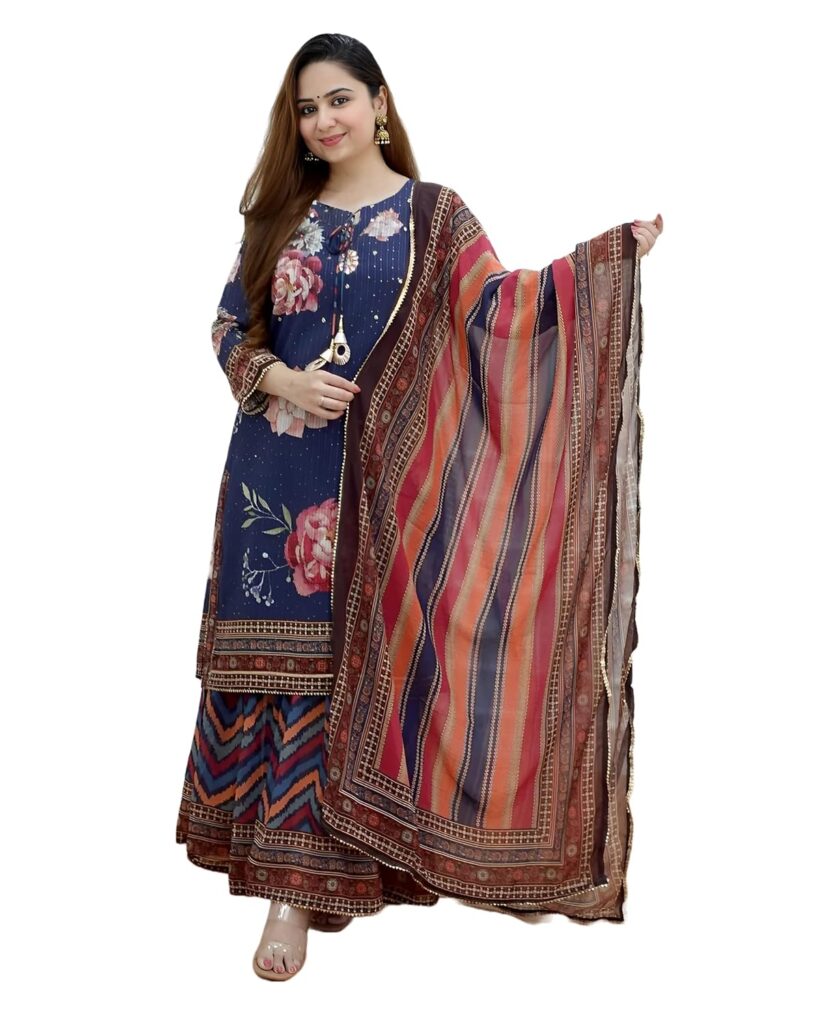Ethnic Outfits KLOSIA-Women-Croset-Embroidered-Printed-Kurta-and-Sharara-Set-with-Dupatta