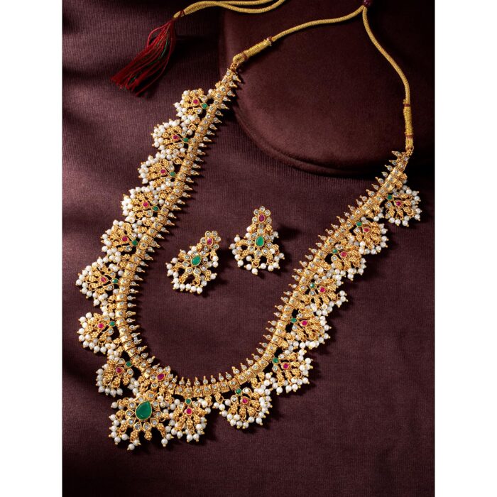 Peora Traditional Gold Plated Red Green Beads Studded Long Necklace Drop Gift - Image 4