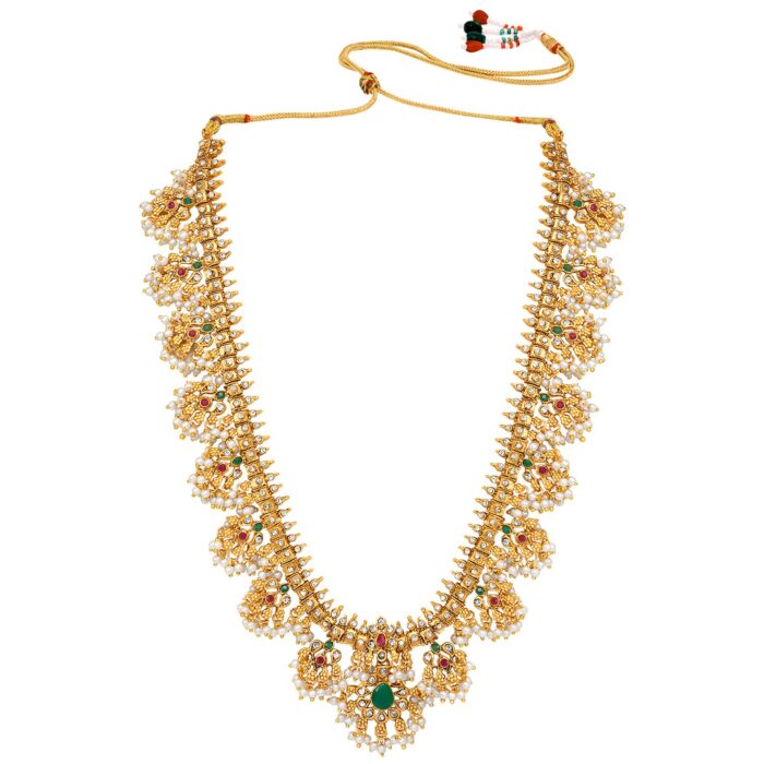 Peora Traditional Gold Plated Red Green Beads Studded Long Necklace Drop Gift - Image 5