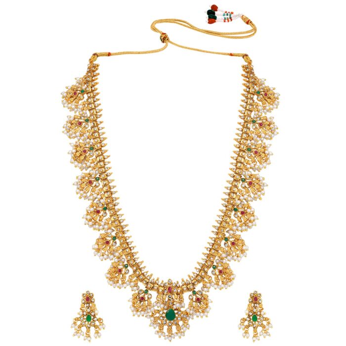 Peora Traditional Gold Plated Red Green Beads Studded Long Necklace Drop Gift - Image 7