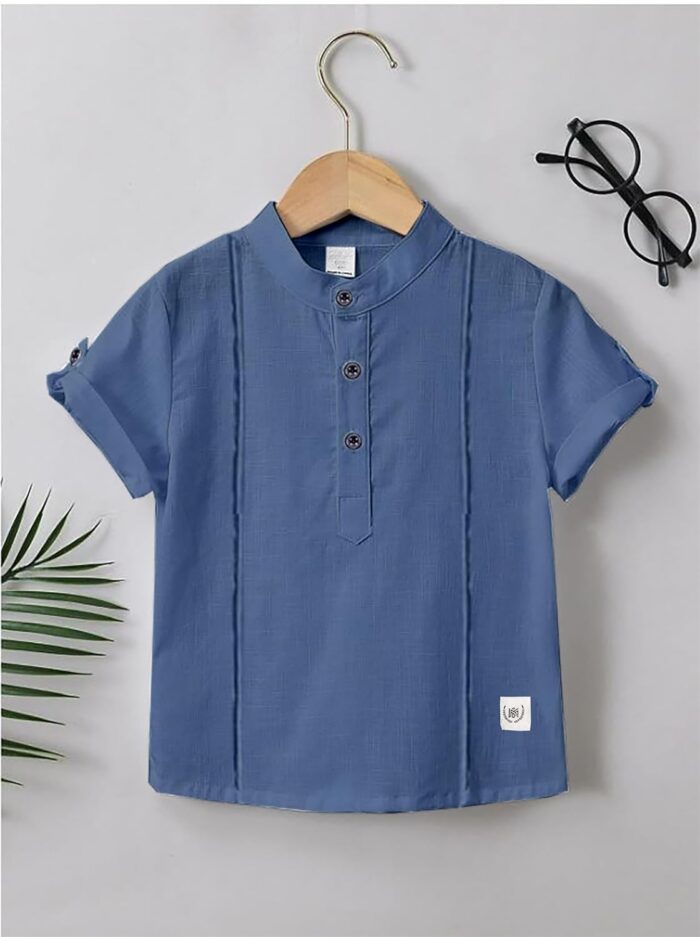 Zilcon Boys Linen Shirt Button Down Henley Short Sleeve Casual Dress - Image 7