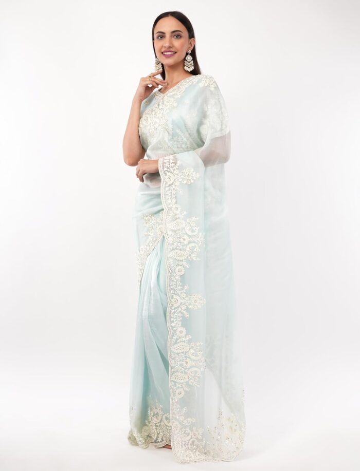 Gaon Originals Silk Pastel Blue Saree with Hand Embroidery - Image 3