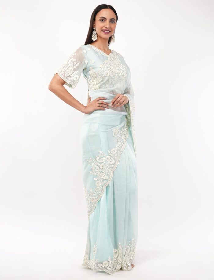 Gaon Originals Silk Pastel Blue Saree with Hand Embroidery - Image 4
