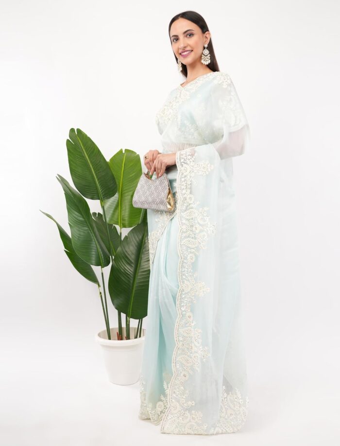Gaon Originals Silk Pastel Blue Saree with Hand Embroidery - Image 7