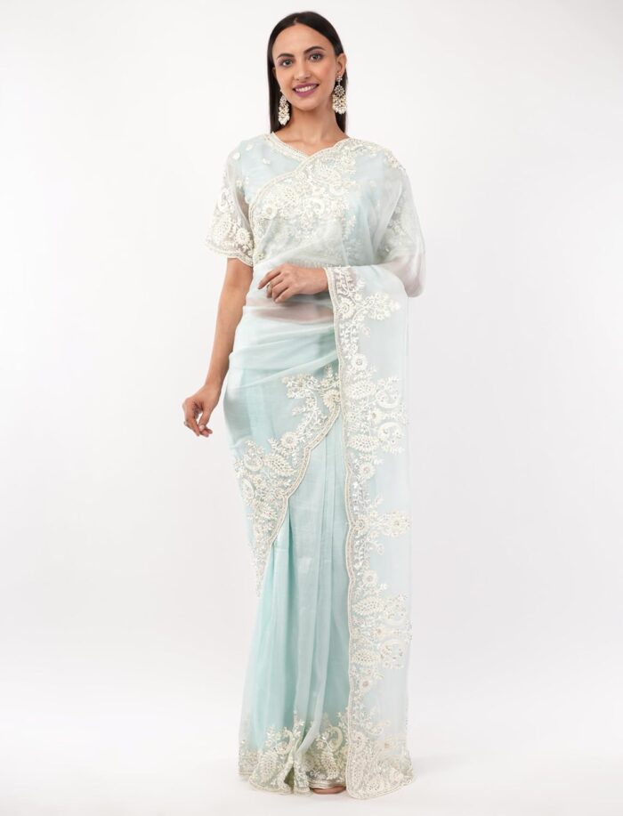 Gaon Originals Silk Pastel Blue Saree with Hand Embroidery - Image 8