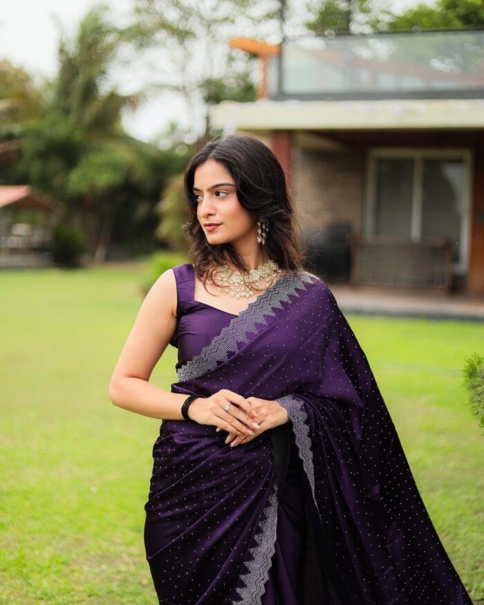 Yashika Women's Hot Fix Solid Color Satin Moss Saree - Image 3