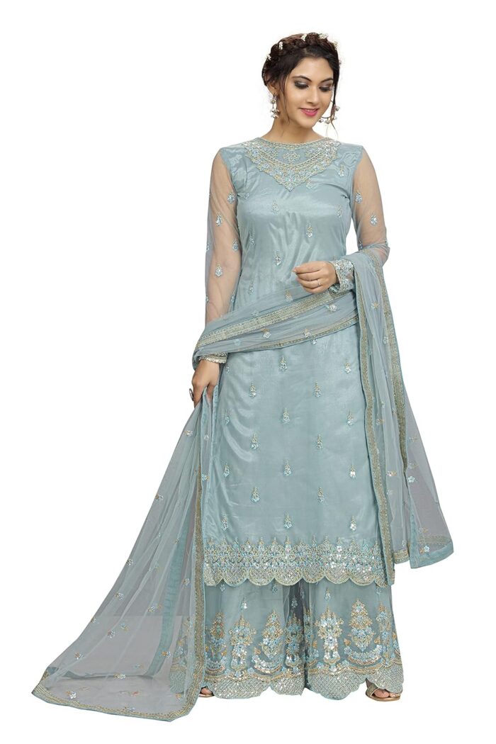 TRENDMALLS Women's Net Embroidery Salwar Suit Kurta Sharara - Image 7