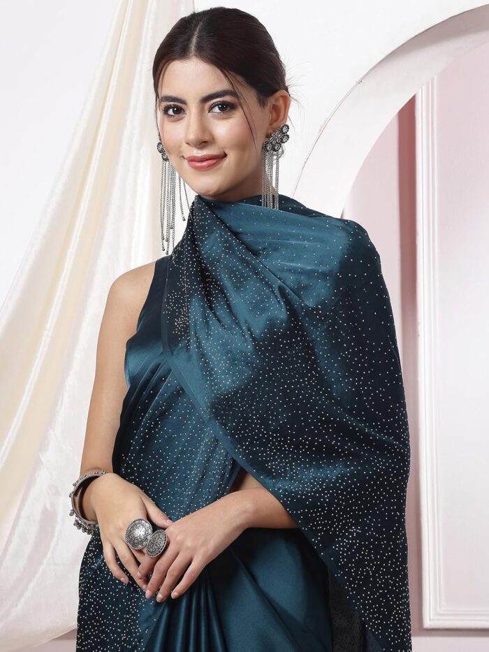 SIRIL Women's Satin Silk Hot Fixing Stone Work Saree - Image 7