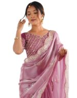 Party Wear Saree SIRIL Organza Sequence Embroidery Scollped Border Saree - Image 2