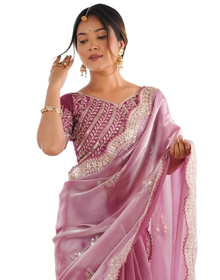 Party Wear Saree SIRIL Organza Sequence Embroidery Scollped Border Saree - Image 2