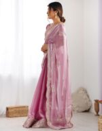 Party Wear Saree SIRIL Organza Sequence Embroidery Scollped Border Saree - Image 3