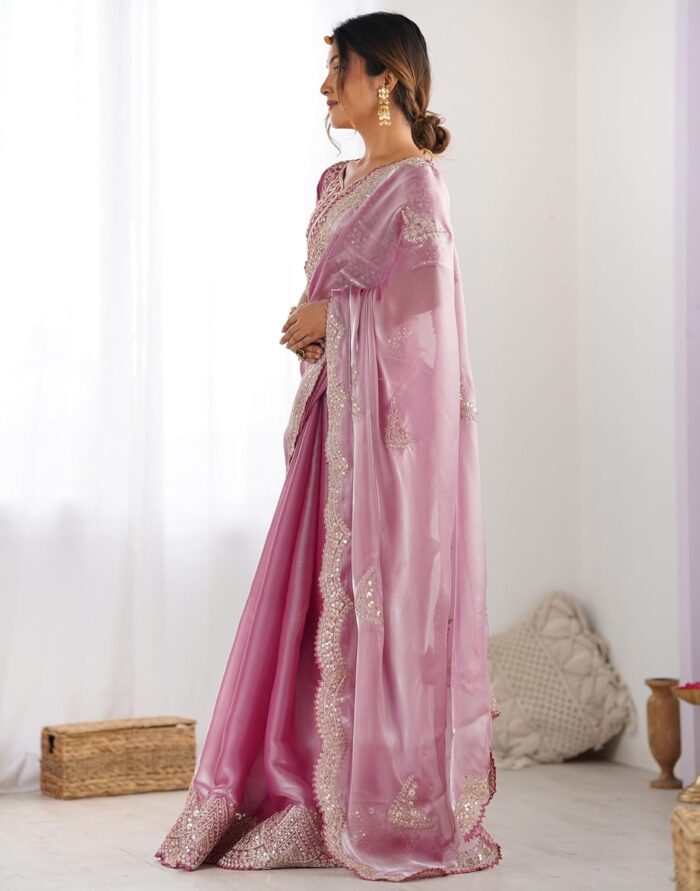 Party Wear Saree SIRIL Organza Sequence Embroidery Scollped Border Saree - Image 3