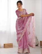 Party Wear Saree SIRIL Organza Sequence Embroidery Scollped Border Saree - Image 4