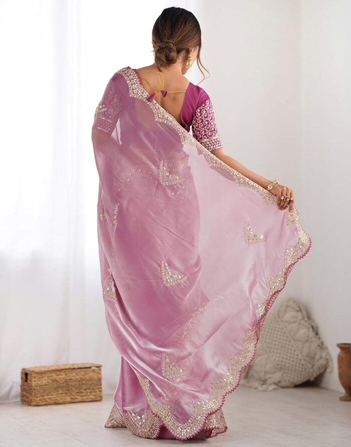 Party Wear Saree SIRIL Organza Sequence Embroidery Scollped Border Saree - Image 5