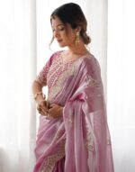 Party Wear Saree SIRIL Organza Sequence Embroidery Scollped Border Saree - Image 6
