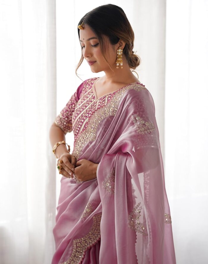 Party Wear Saree SIRIL Organza Sequence Embroidery Scollped Border Saree - Image 6