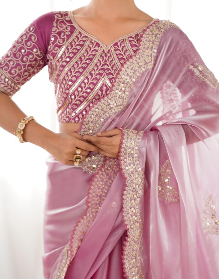 Party Wear Saree SIRIL Organza Sequence Embroidery Scollped Border Saree - Image 7