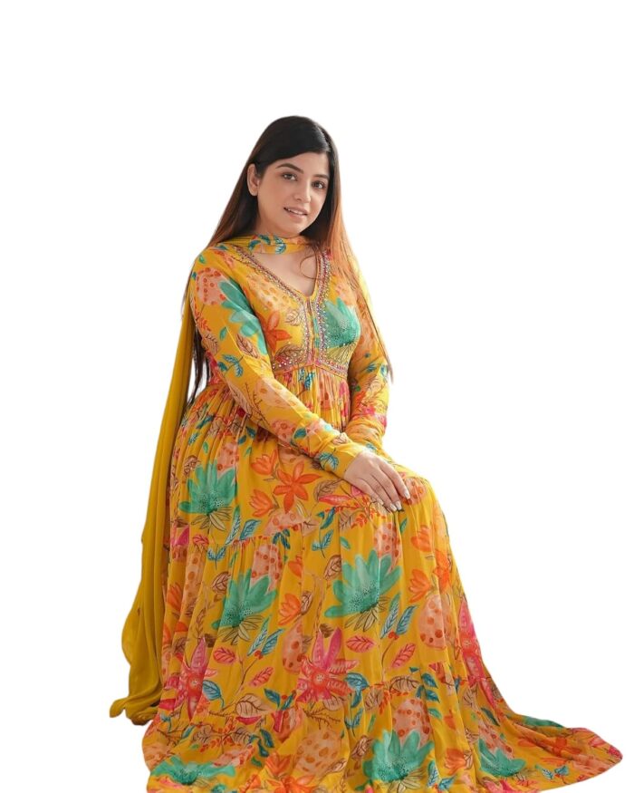 Women Anarkali Kurta KD Women Floral Print Anarkali Kurta with Pant - Image 2