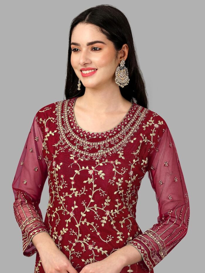 TRENDMALLS Women's Net Embroidery Salwar Suit Set Kurta Lehenga with Dupatta - Image 7
