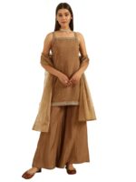 FIORRA Women's Brown Viscose Chanderi Straight Kurta with Palazzo - Image 2