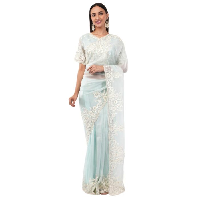 Gaon Originals Silk Pastel Blue Saree with Hand Embroidery - Image 2