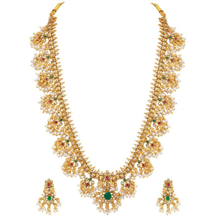 Peora Traditional Gold Plated Red Green Beads Studded Long Necklace Drop Gift - Image 2