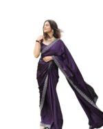Yashika Women's Hot Fix Solid Color Satin Moss Saree - Image 2