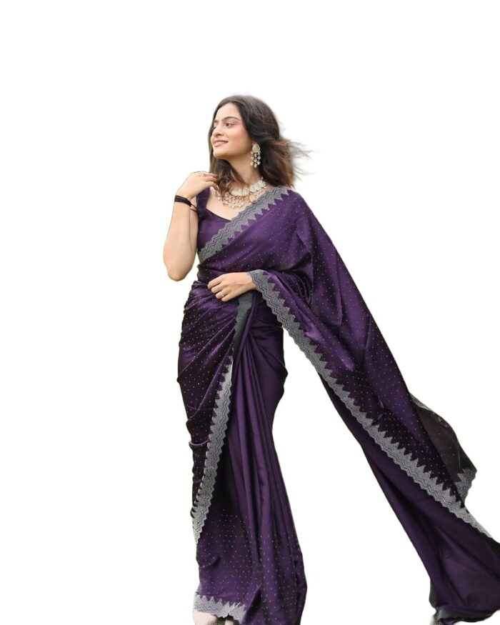Yashika Women's Hot Fix Solid Color Satin Moss Saree - Image 2