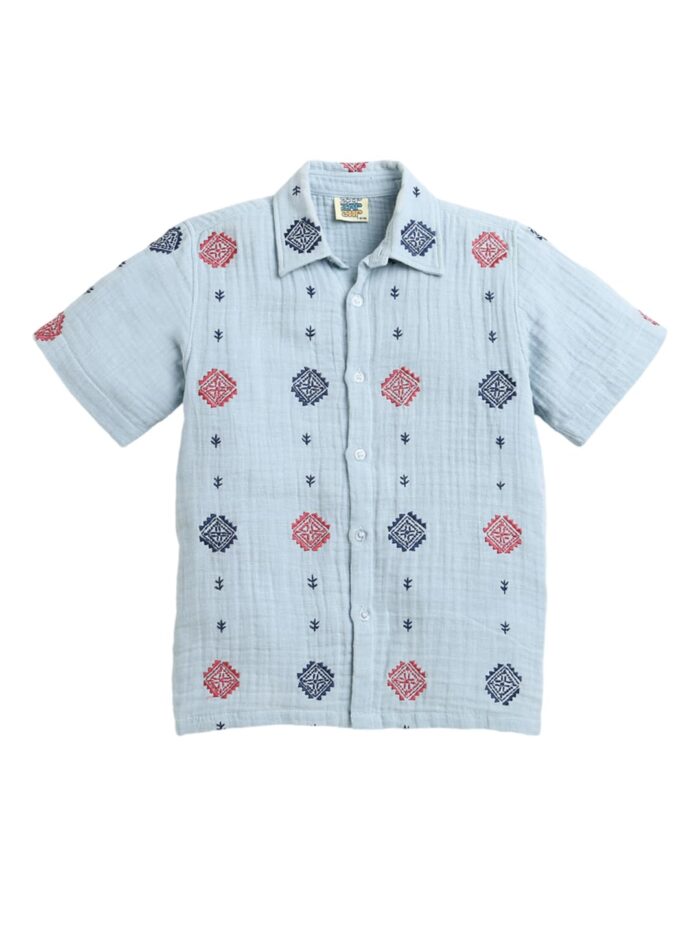 ZIP ZAP ZOOP Sky Blue All Over Embroidery Collar Neck Half Sleeve Boys Shirt - Image 2