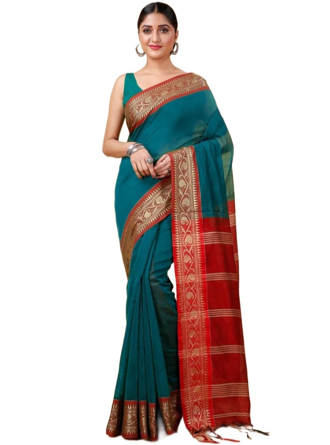 Saree Bahar Women’s Traditional Bengal Cotton Silk Handloom Cotton Silk Saree With Blouse Piece
