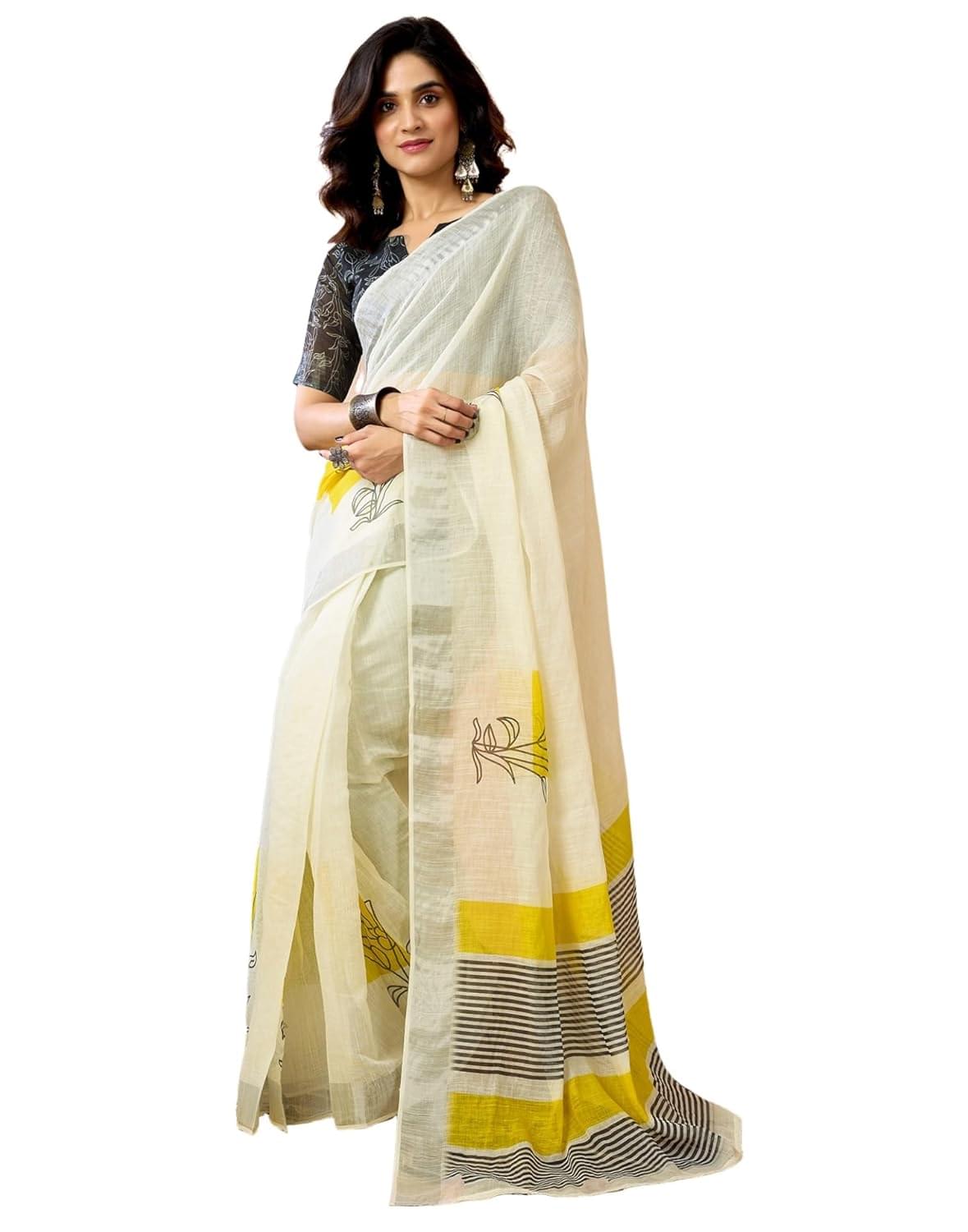 SIRIL Women’s Cotton Linen Ready To Wear Saree, Printed One Minute Saree with Unstitched Blouse Piece