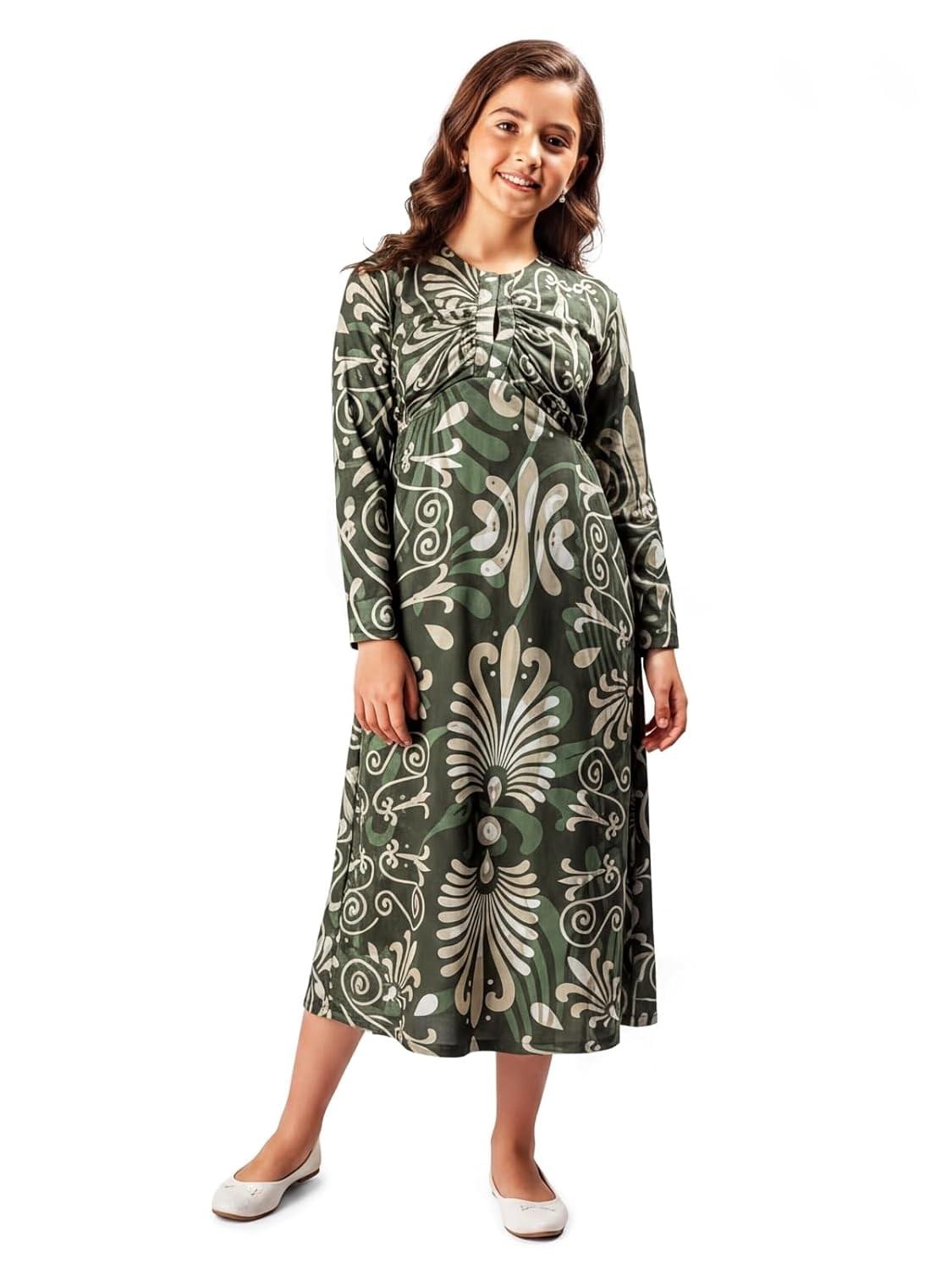 HELLCAT Girls Floral Printed Green Casual Midi Dress for 11-… HELLCAT Girls Floral Printed Green Casual Midi Dress for 11-…