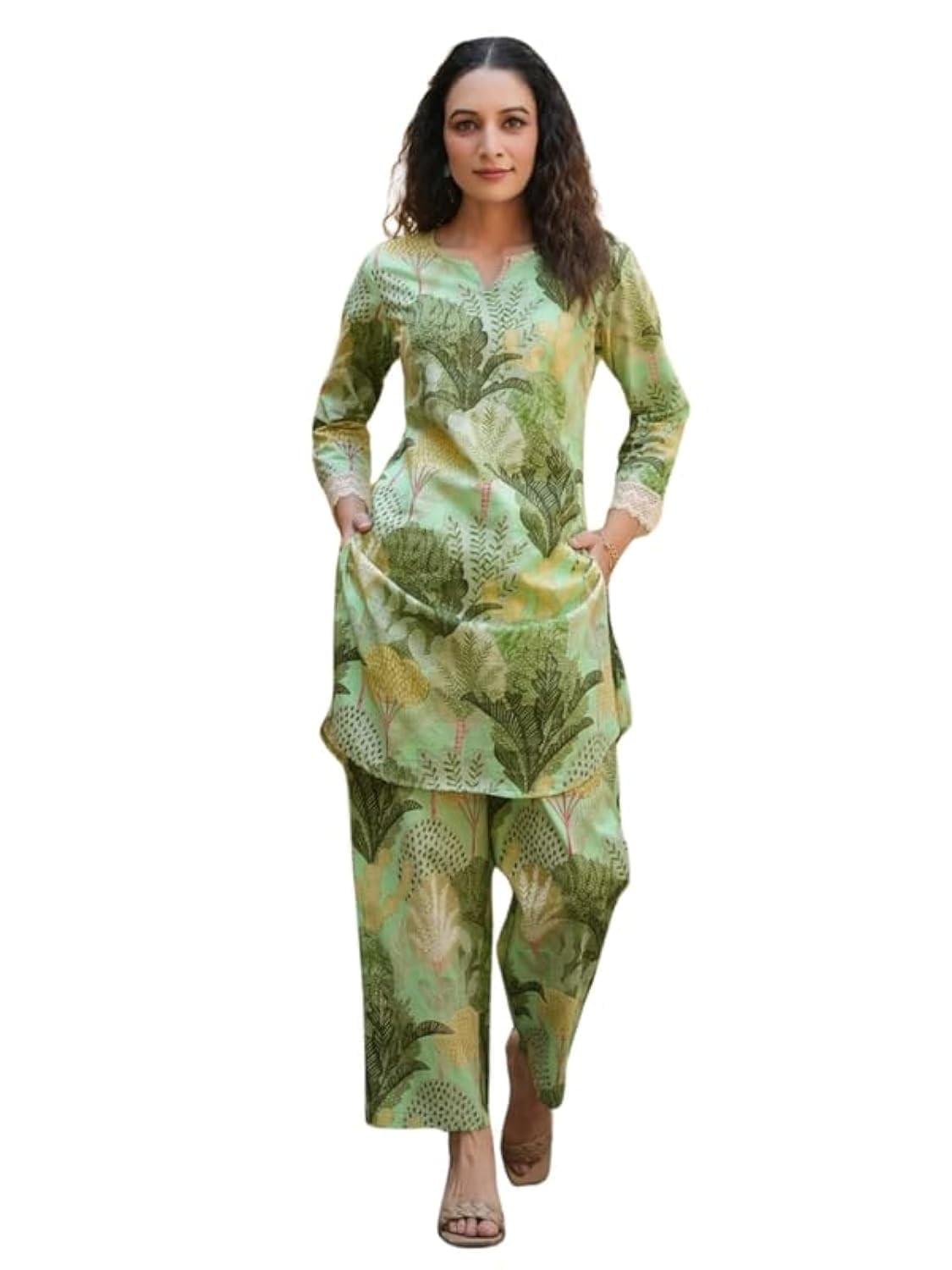 NAINVISH Women’s Cotton Blend Green Printed V-Neck Co-ord Se…