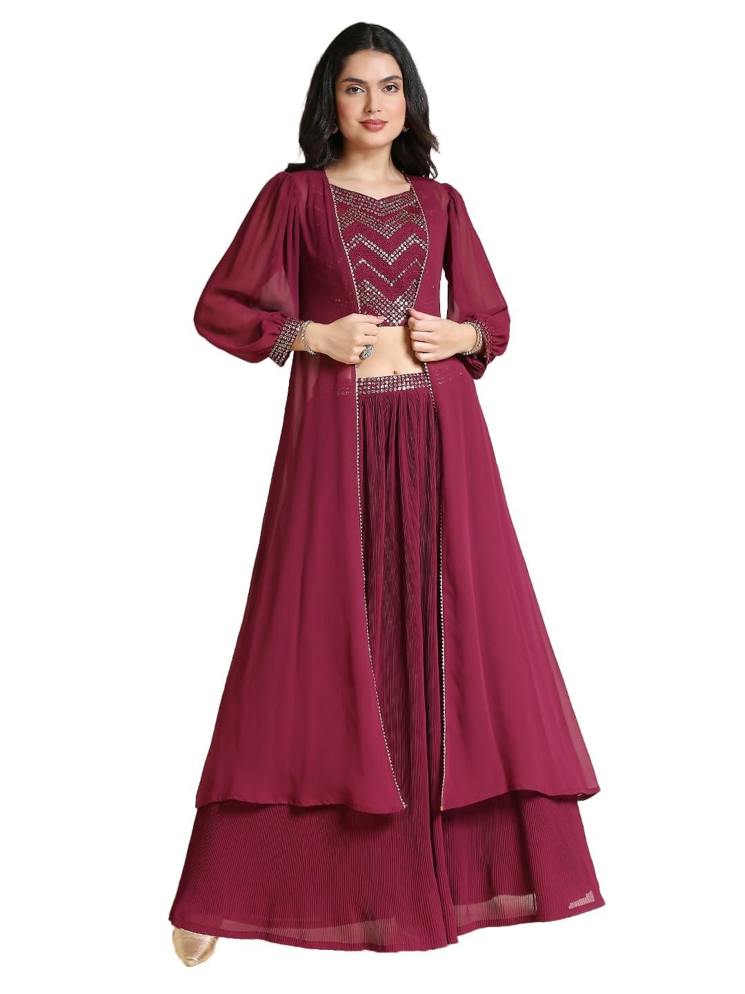 madhuram textiles women’S Georgette Skirt And Crop Top With Long Shrug Set For Solid With Heavy Embroidery Work
