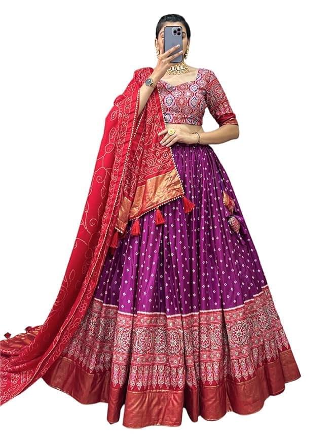 Styleloop Tussar Silk Lehenga Choli – Patola Print, Foil Work