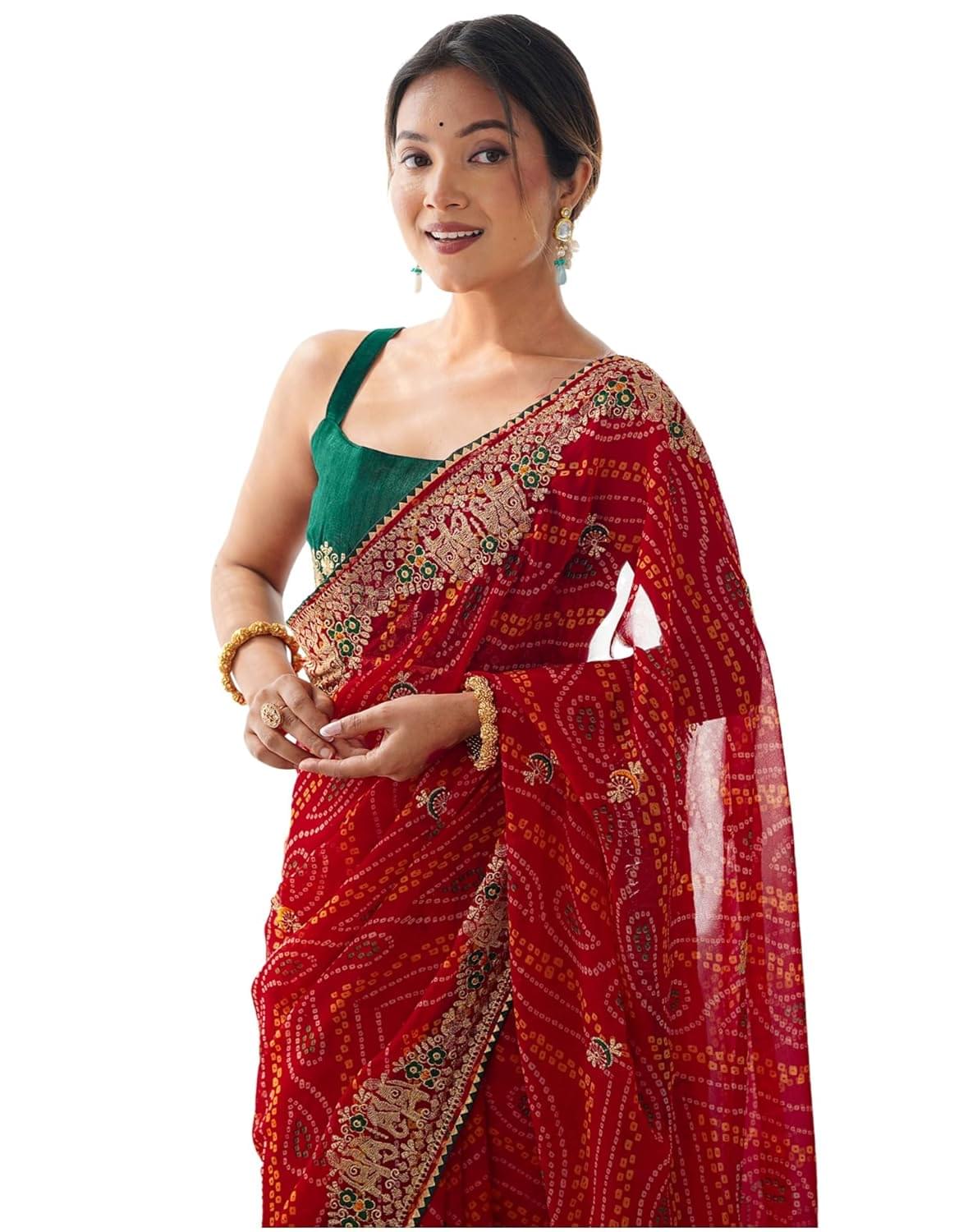 SIRIL Women’s Georgette Bandhani Printed Sequence Embroidery Lace Saree With Unstitched Blouse Piece