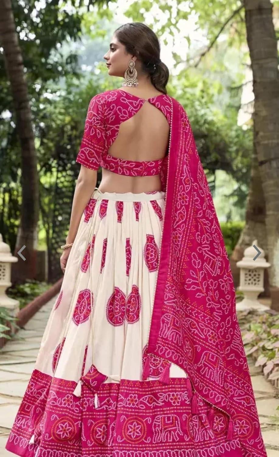 Women’s Trending Designeer Tussar Silk Lehenga Choli Print with Foil Work With Unstitched Blouse Patola Print Adorned with Foil Work For Navrati || Wedding