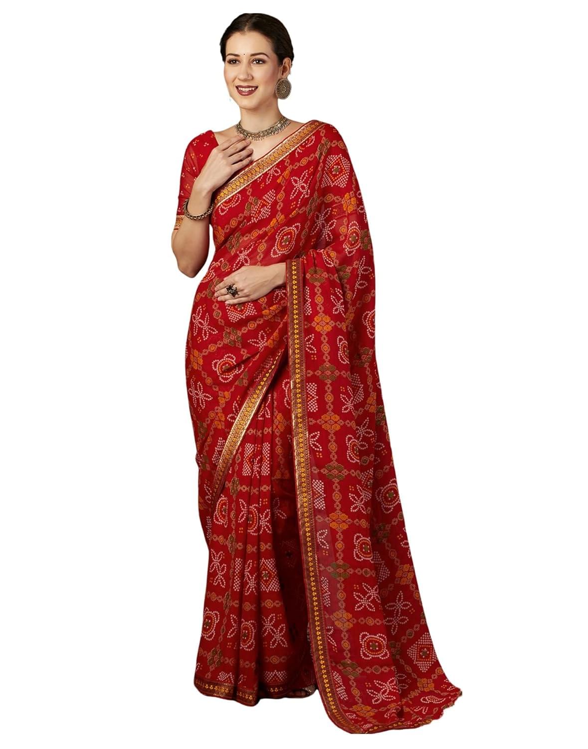 SIRIL Women’s Georgette Bandhani Printed Saree With Unstitched Blouse Piece