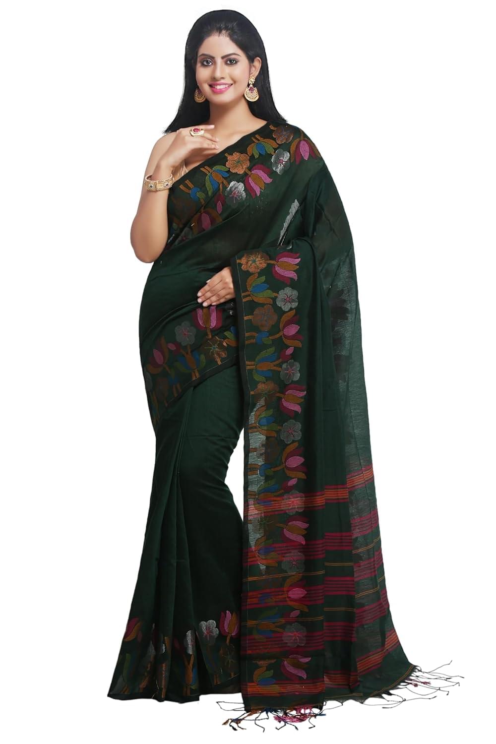 WoodenTant Women’s Handloom Cotton Silk Saree With Jamdani Lotus Border