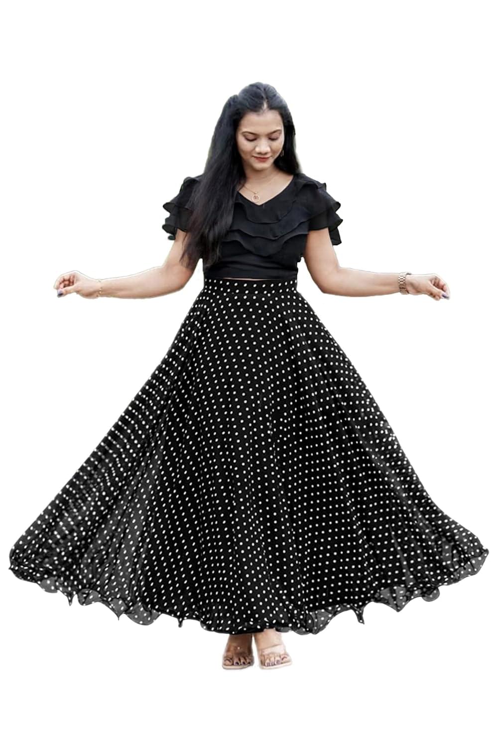 3Buddy Fashion Printed Georgette Skirt Lehenga || Spandex Lycra Plain Crop Top Choli || Read to Wear Lehenga Choli || Fully Stitched Crop-Top Skirt