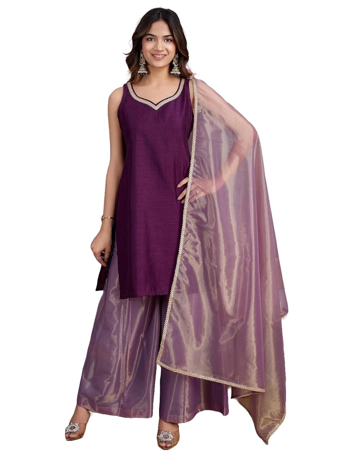 FABIAN FASHION Women’s Vichitra Silk Lace Border Kurta And P…