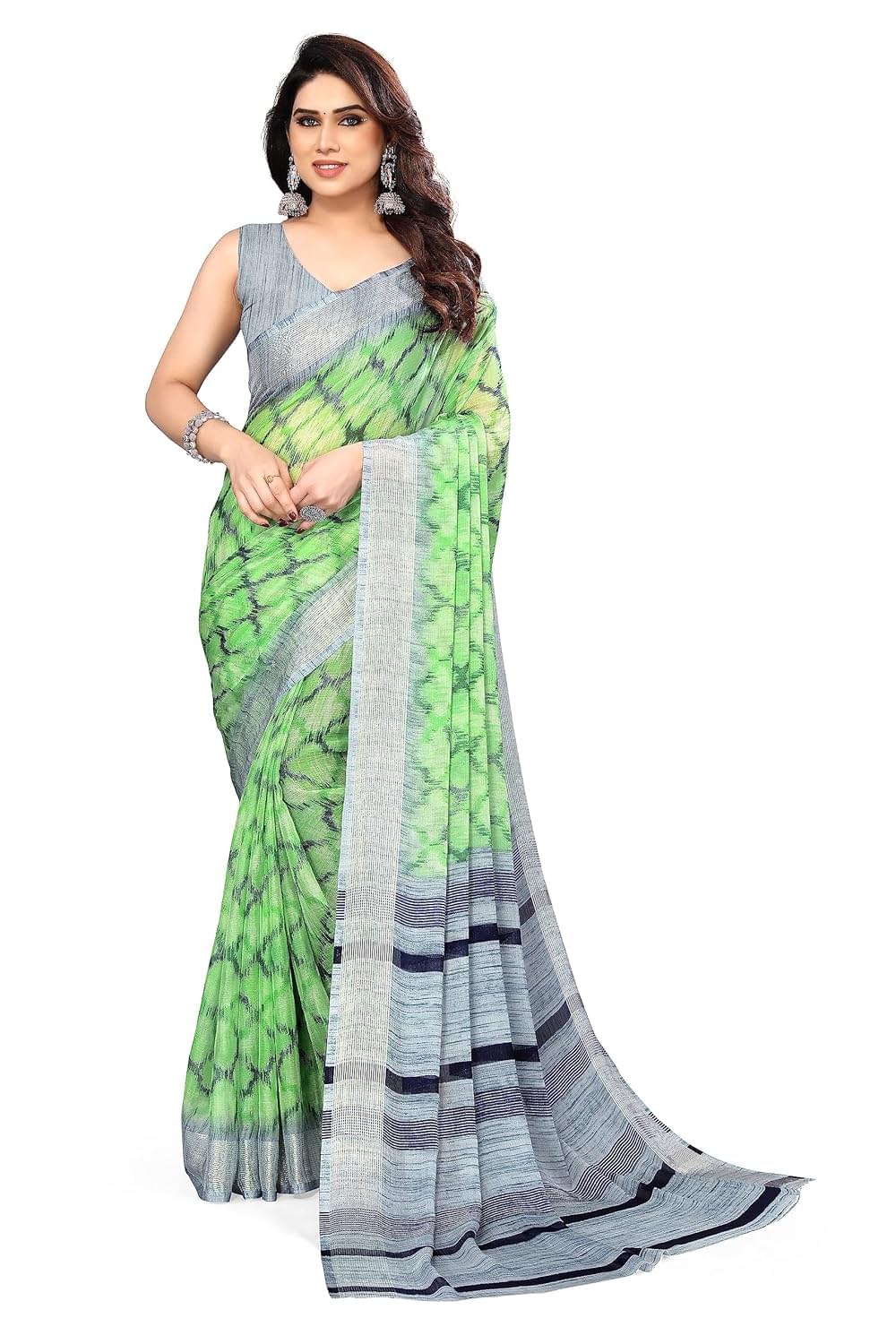 MIRCHI FASHION Women’s Jacquard Chiffon Stripe Ikkat Printed Saree with Blouse Piece