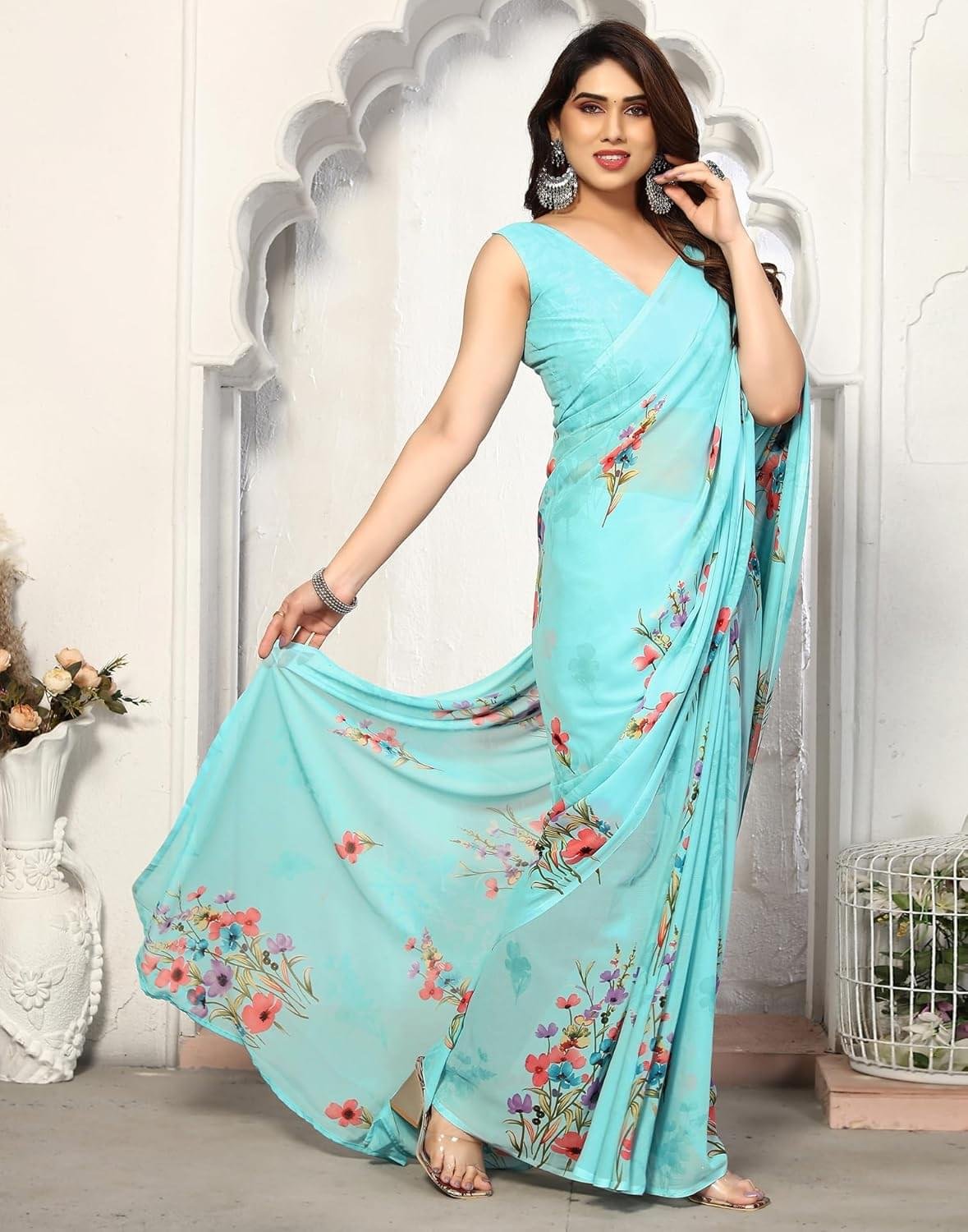 SIRIL Women's Printed Georgette Saree with Unstitched Blouse... - Image 3