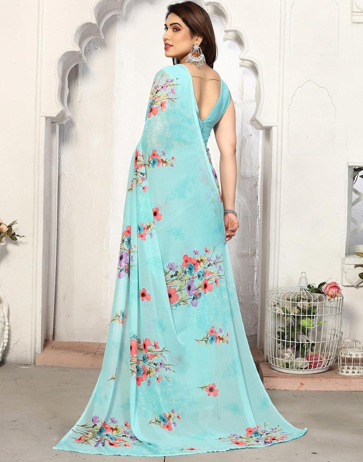 SIRIL Women's Printed Georgette Saree with Unstitched Blouse... - Image 4
