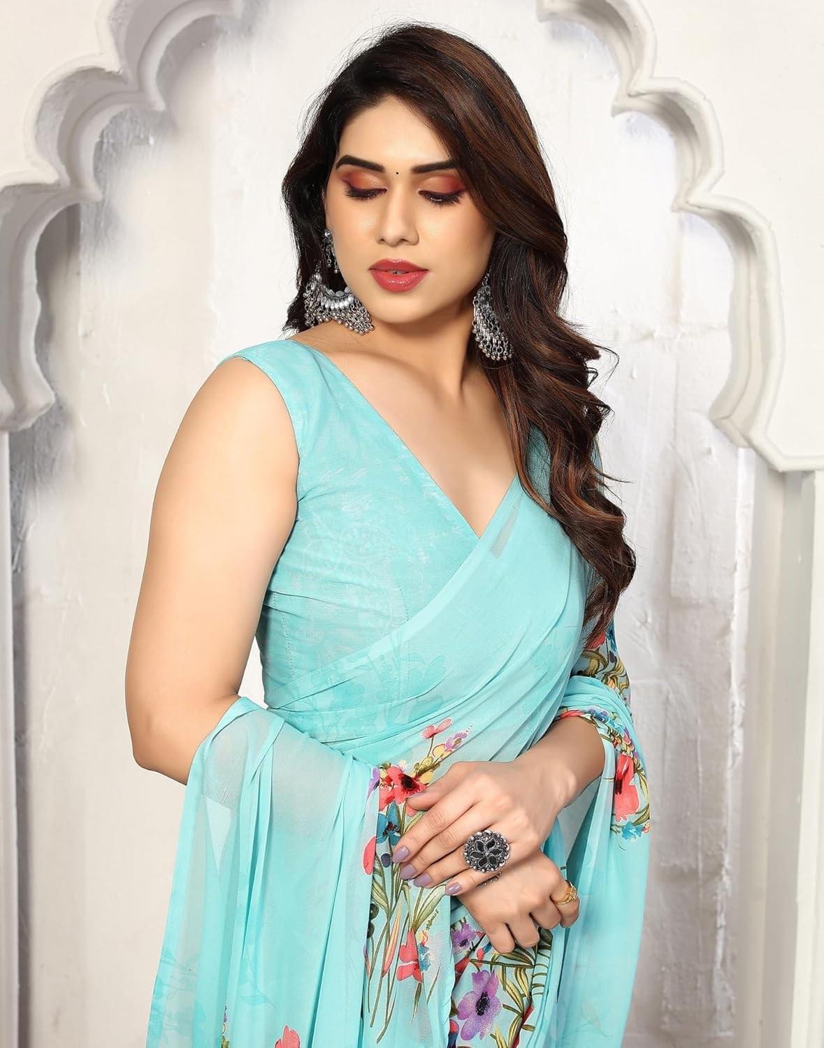 SIRIL Women's Printed Georgette Saree with Unstitched Blouse... - Image 5